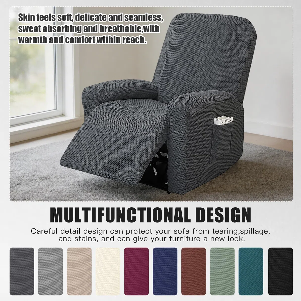 Copripoltrona 1 Posto Elasticizzato, Copripoltrona Relax Reclinabile con Tasca, Jacquard Rigato Tutto Compreso per Poltrona TV (Grigio Scuro, 4 Pezzi)