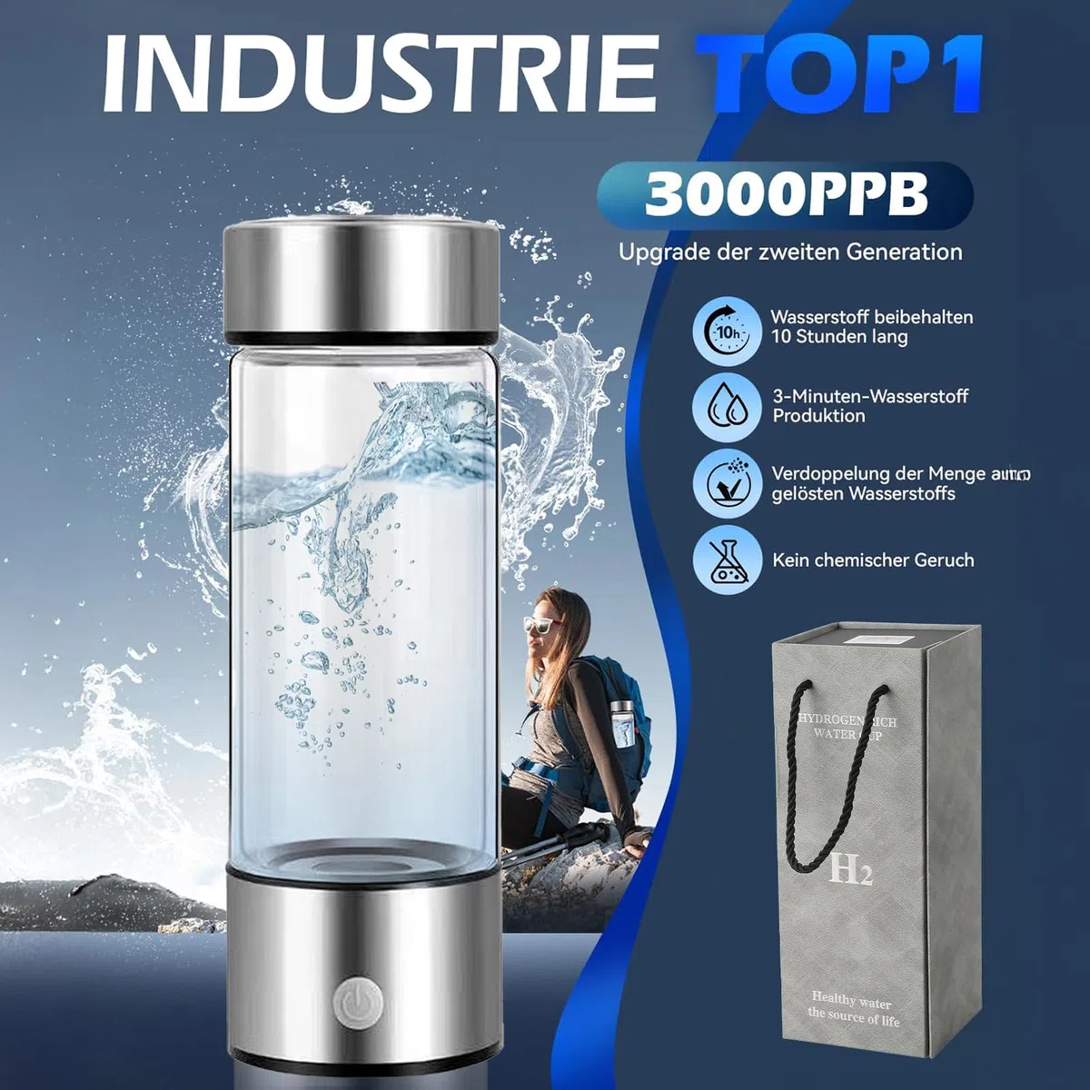 Tazza Ricca di Idrogeno,Bottiglia D'acqua Idrogenata da 420 ml,Utilizza Tecnologia SPE e PEM,Genera Rapidamente Acqua Idrogenata in Tre Minuti,Adatta per Ufficio,Sport,Viaggi(Argento)