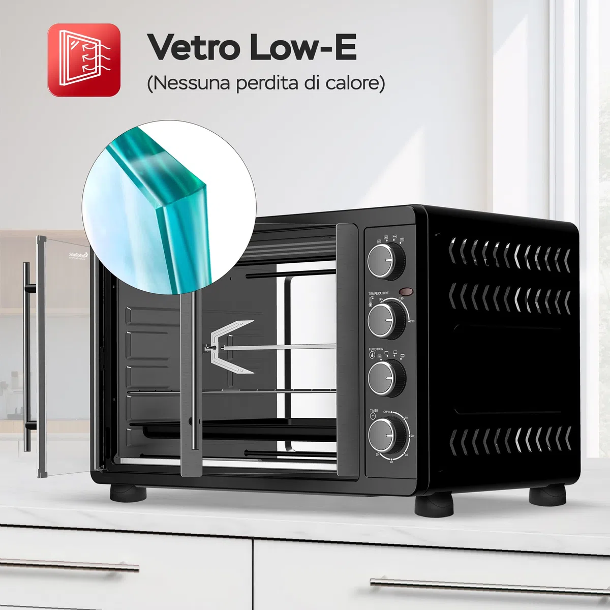 TurboTronic - Mini forno con ventilazione, 45 l, nero, 2000 W, girarrosto, timer, mini forno, pizza, teglia da forno, illuminazione interna