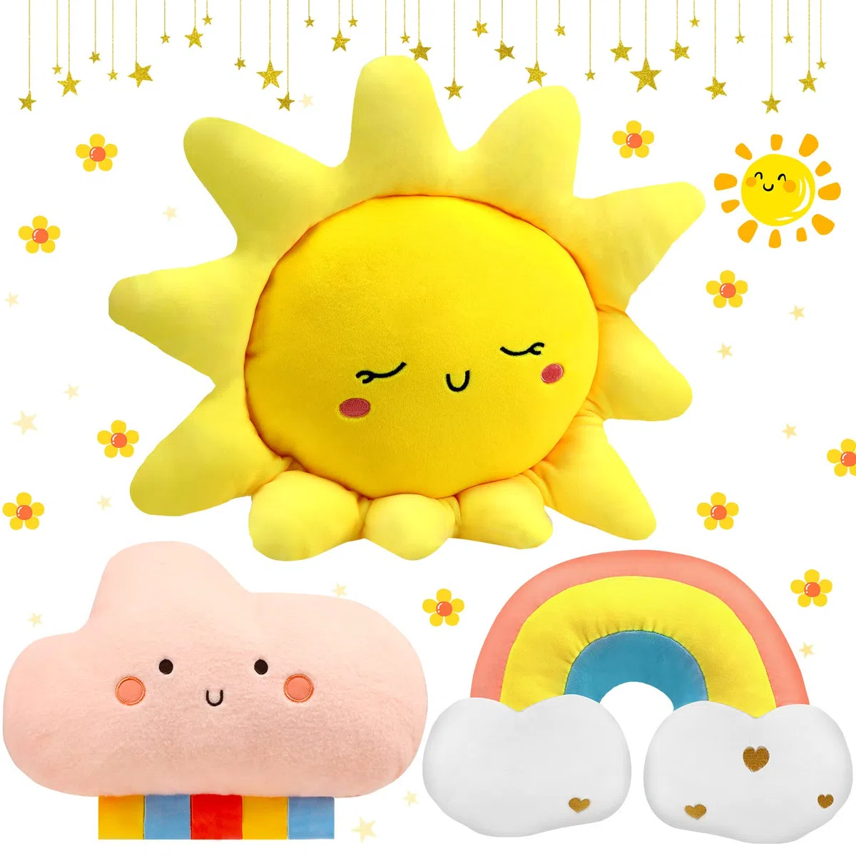Cuscino a forma di nuvola, cuscino arcobaleno, 3 pezzi, cuscino decorativo a forma di nuvola, cuscino carino per bambini, cuscino da vivaio, cuscino in morbido peluche arcobaleno, nuvola sole