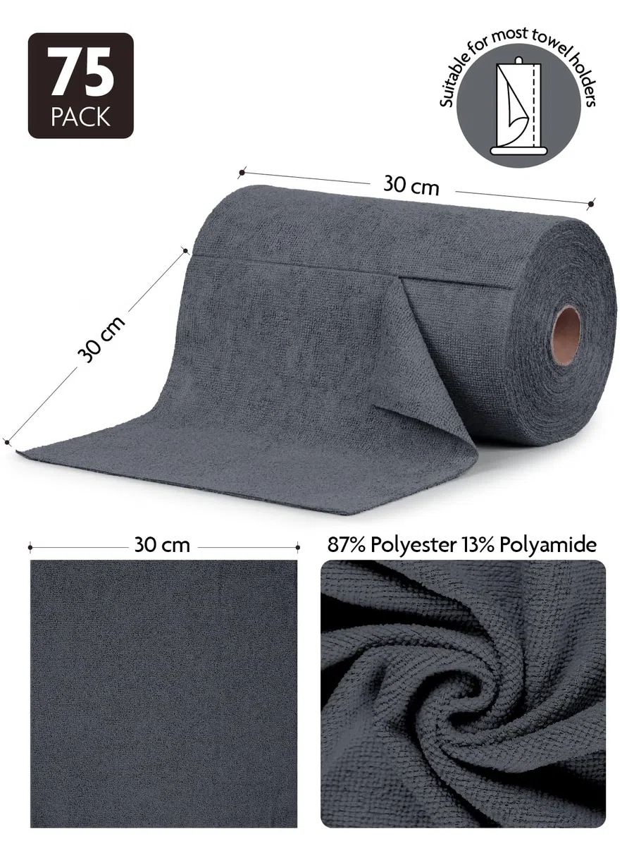 Fantasticlean Rotolo di Panno in Microfibra - 75 Pezzi, Panni per la Pulizia Strappabili, Strofinacci Riutilizzabili e Senza Pelucchi per Casa, Cucina e Auto 30 x 30 cm - Grigio Scuro