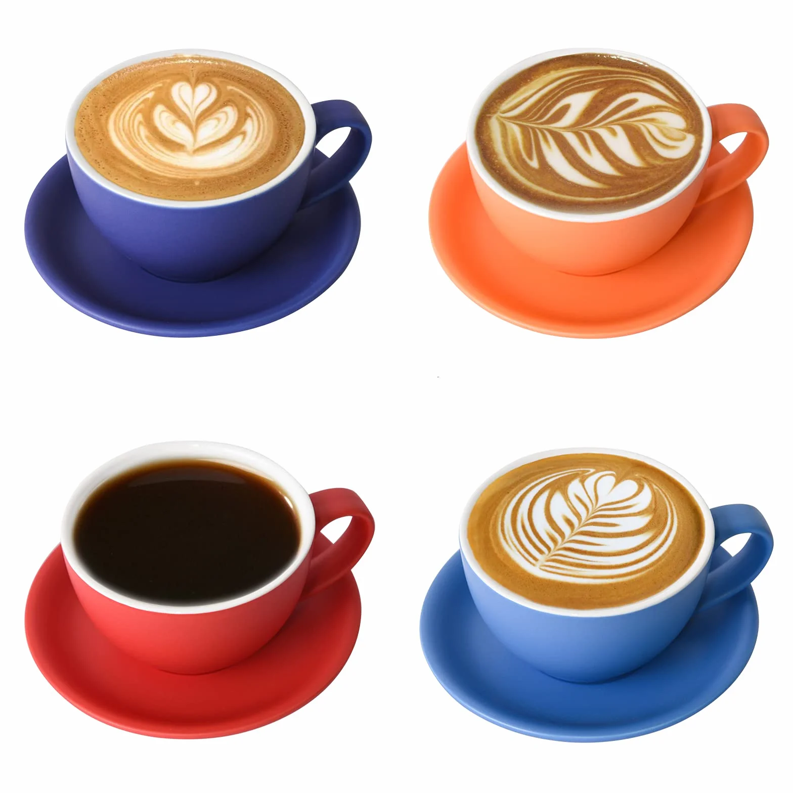 Yundu Set di 4 tazze da cappuccino da 300 ml – tazze da caffè in ceramica con piattini, mix di tonalità scure opaco per latte Art & Barista, grandi tazze e piattini per moka