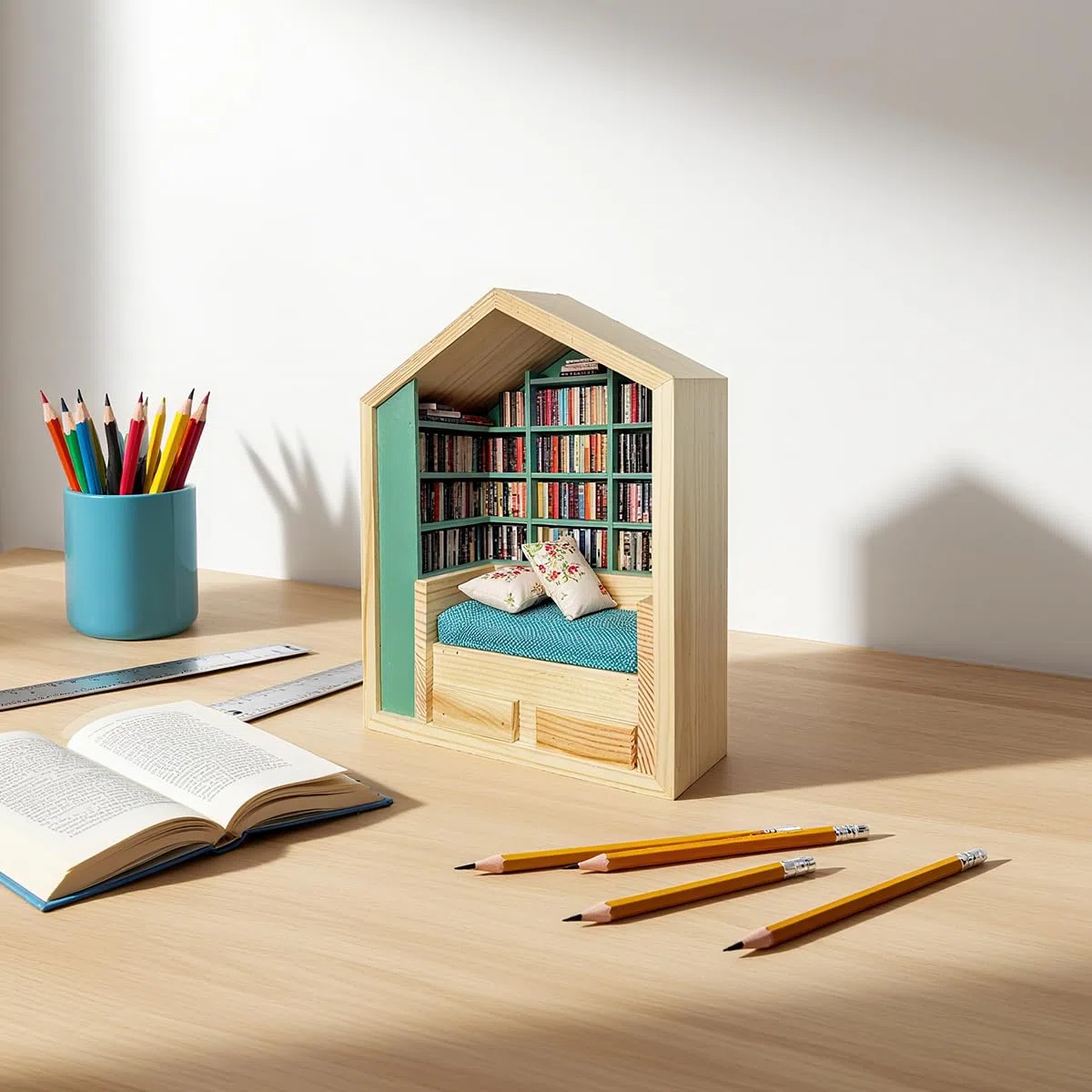 Libreria per l'Ansia, Scaffale per Allontanare l'Ansia, Mini Libreria con 200 Mini Libri, Antistress, Miniatura in Legno di Libreria, Ornamento per Libreria (1, Forma di Casa)