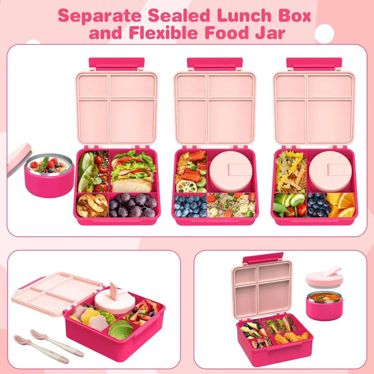 Itslife Set pranzo per bambini con contenitore termico da 300 ml, a prova di perdite, contenitore per il pranzo per bambini con 4 scomparti, borsa termica senza BPA, per bambini, scuola, gite (rosa)