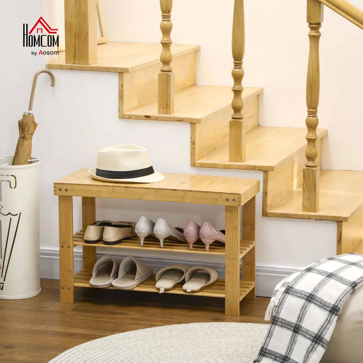 HOMCOM Panca Scarpiera da Ingresso a 3 Livelli in Bambù, Scarpiera con Seduta per 6 Paia di Scarpe, Scaffale per Scarpe a Doghe, Portaoggetti, per Ingresso, Soggiorno, Corridoio, 70x28x45 cm, Naturale