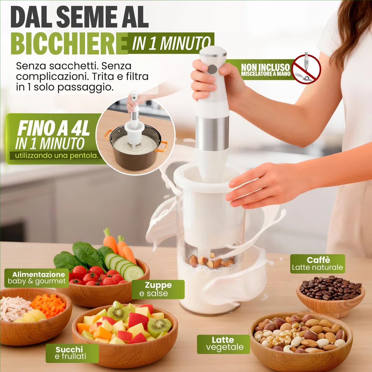 Vegan Milker Filtro Multifunzionale | Macchina per Latte Vegetale, Latte Avena, di Soia e Riso | 1L in 1 Minuto 100% Naturale con Filtro | Compatibile con Frullatore a Mano | Bianco Classico