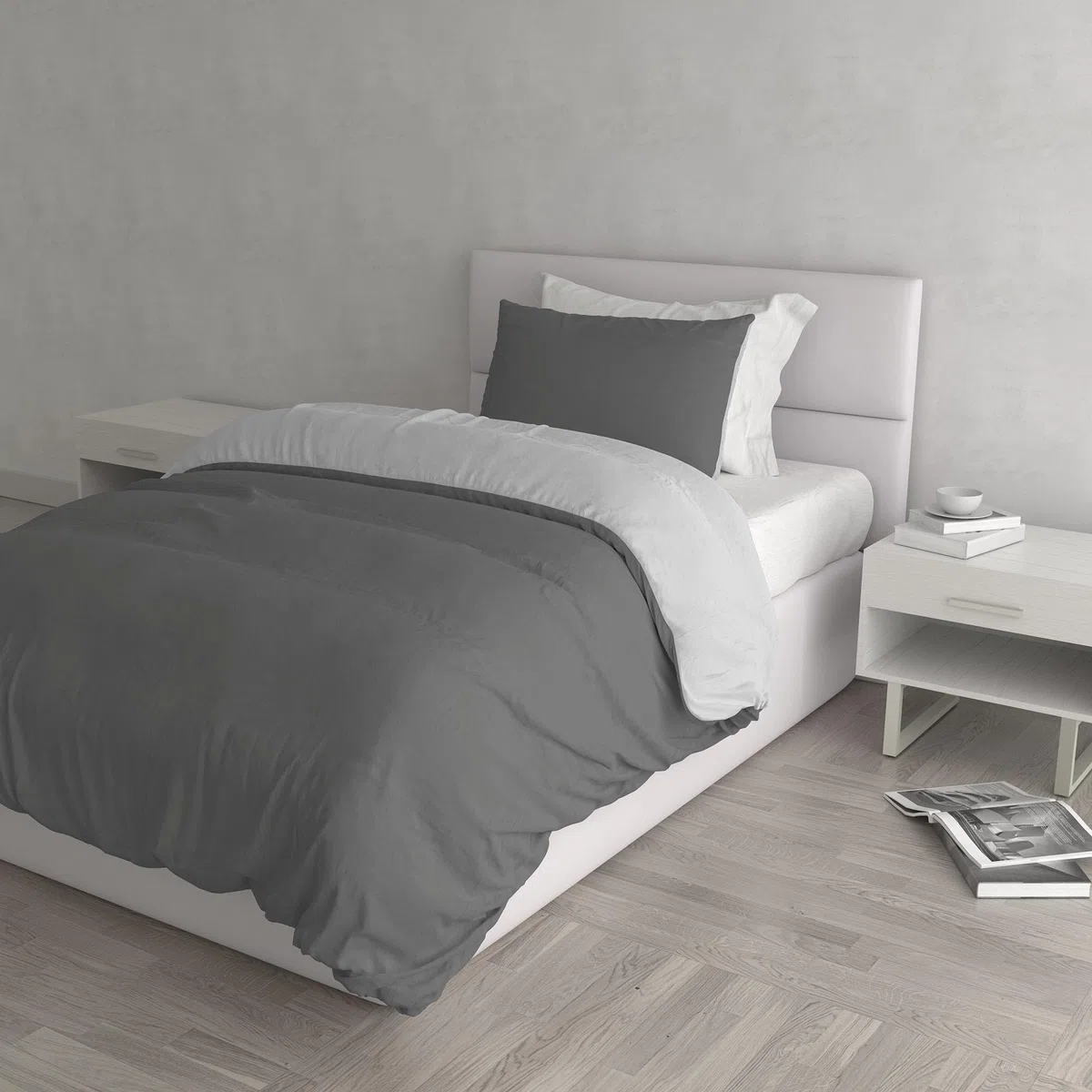 Set Copripiumino 100% Cotone Natural Color, Made in Italy - Parure Copri Piumino - Sacco Piumone 200x200 cm con Doppia Patella e Federa Cuscino, Piazza e Mezza, Grigio Scuro/Grigio Chiaro