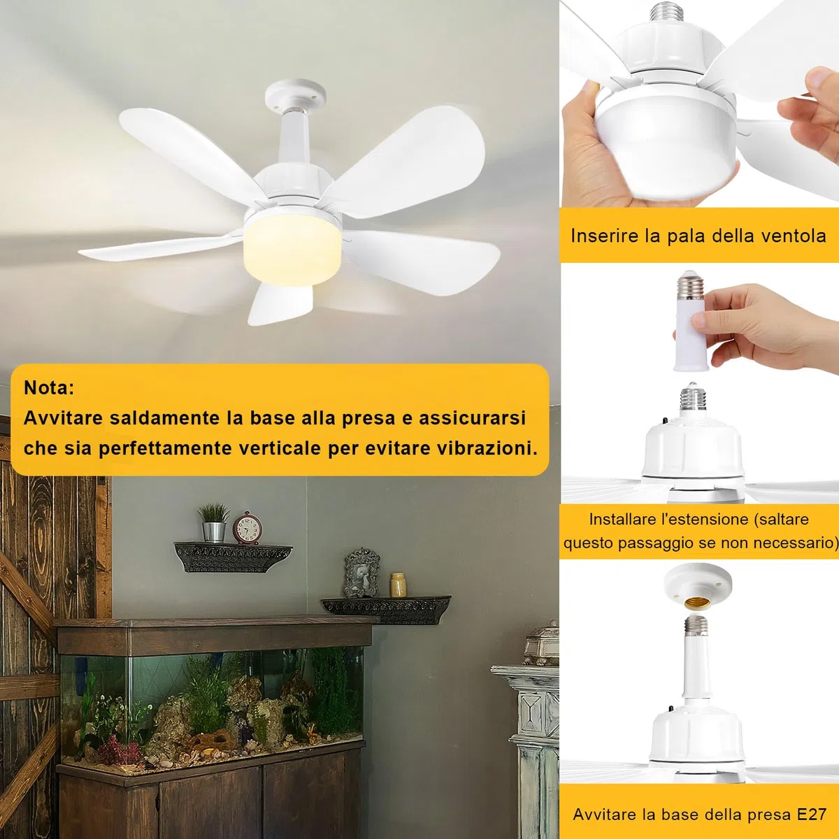 Gliztech Ventilatore a Presa con Base E27, Ventilatore Da Soffitto con Luci e Telecomando, Ventilatore a Presa con Luce LED per Bagno, Cucina, Camera da Letto, Garage (50CM, 1, Pack)