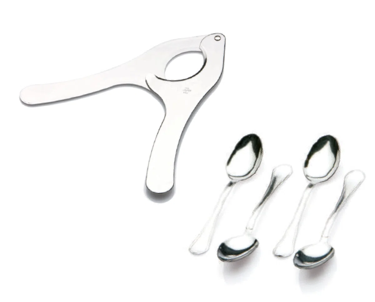 Set 5 Pezzi Pinza Apri Ricci di Mare in inox e 4 Cucchiaini inox, Utensili per Ricci di Mare e Frutti di Mare, Accessori Cucina Pesce Uso Domestico e Professionale, taglierina per ricci di mare