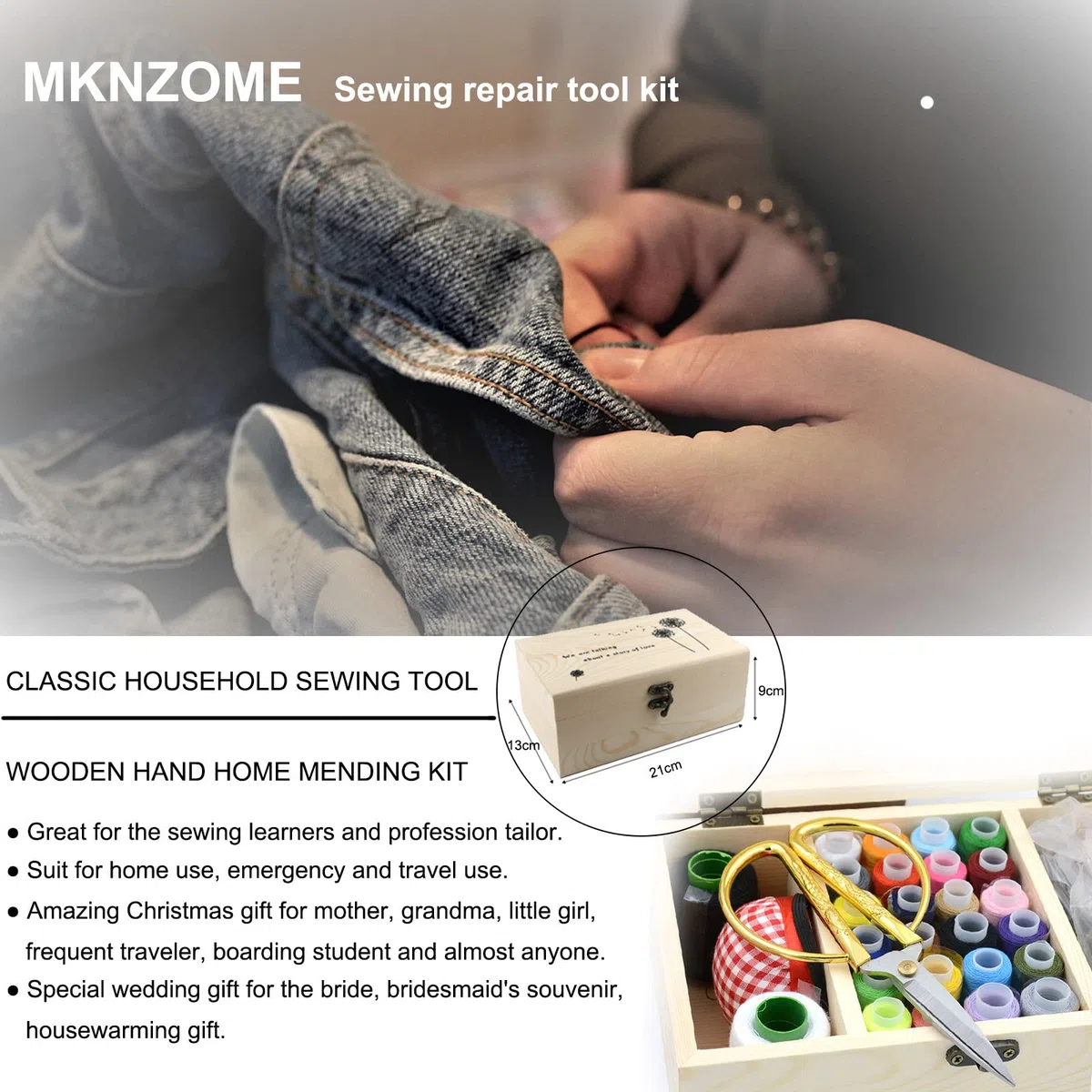 Cestino da cucito in legno, MKNZOME Oltre 110 pezzi Accessori per forniture per cucito fai-da-te Premium Mini kit da cucito portatili per adulti Bambini Principianti Viaggiatore