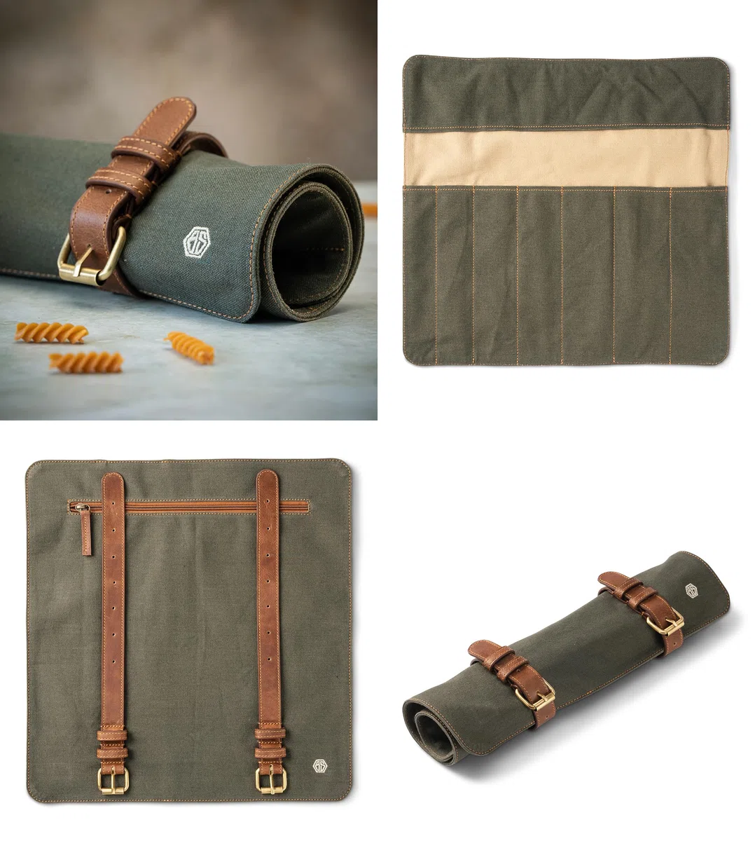 Angus Stoke Portacoltelli per coltelli da cucina, rotolo di coltelli da cucina di alta qualità, tasca per coltelli con scomparto extra e chiusura lampo, borsa da cucina Lars, Verde oliva, 40 x 38 cm