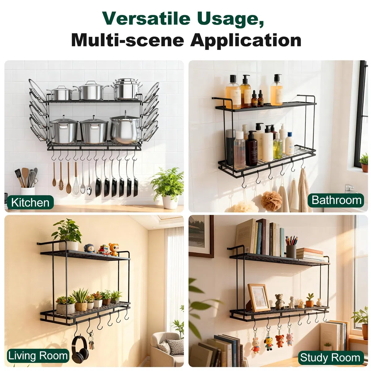 Housolution Porta Pentole da Parete, Lunghezza Estensibile da 57 a 77 cm, Altezza Regolabile su 3 Livelli, Organizer Padelle con 12 Ganci Verticali e 8 Supporti per Coperchi