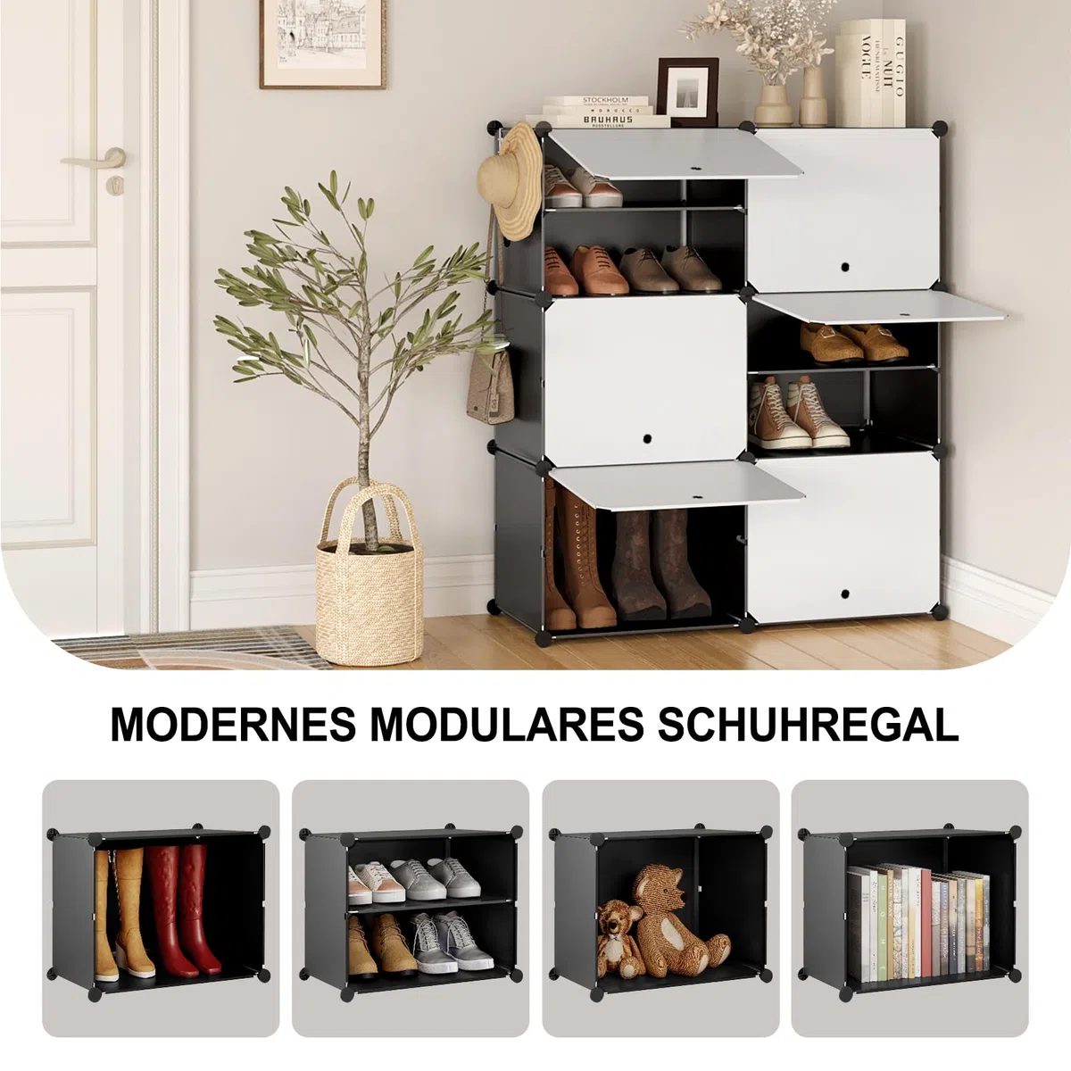 WOLTU Scarpiera Modulare a 6 Scomparti, Portascarpe Salvaspazio in Plastica e Metallo, Scaffale Portaoggetti Componibile, con Sportello, Bianco + Nero
