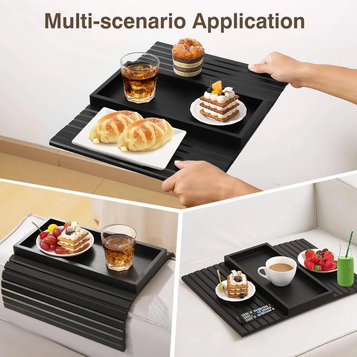 Vassoio per divano con braccioli, in bambù, pieghevole, con supporto per snack/cellulare/tazze, colore: nero