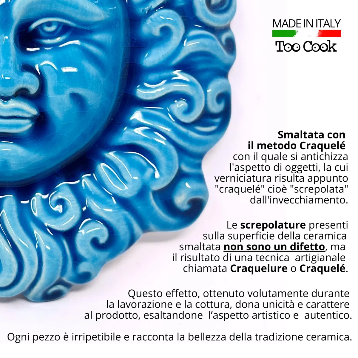 Toocook Sole in ceramica artigianale da parete per arredo e decorazione casa Idea Regalo Realizzato in Terracotta Artigianalmente, Made in Italy (Sole Ricci turchese 24 cm)