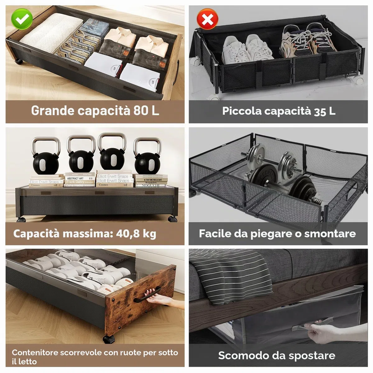 Contenitore sottoletto con ruote, contenitori di legno extra grandi sotto il letto per scarpe, cassetti sotto il letto con rotelle e coperchio trasparente, robusti per vestiti e giocattoli 91,5 cm