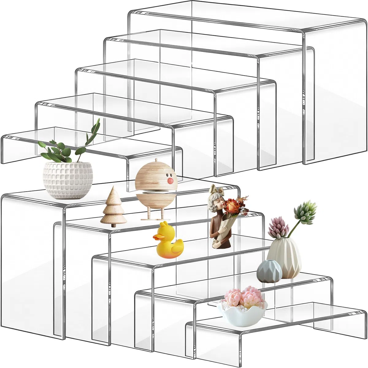 Set di 10 Espositore Acrilico Trasparente, 5 Misure Porta Espositori in Acrilico a Forma di U per Esposizione Cupcakes, Dessert, Modellismo, Cosmetici, Lozione, Collezione & Profumi