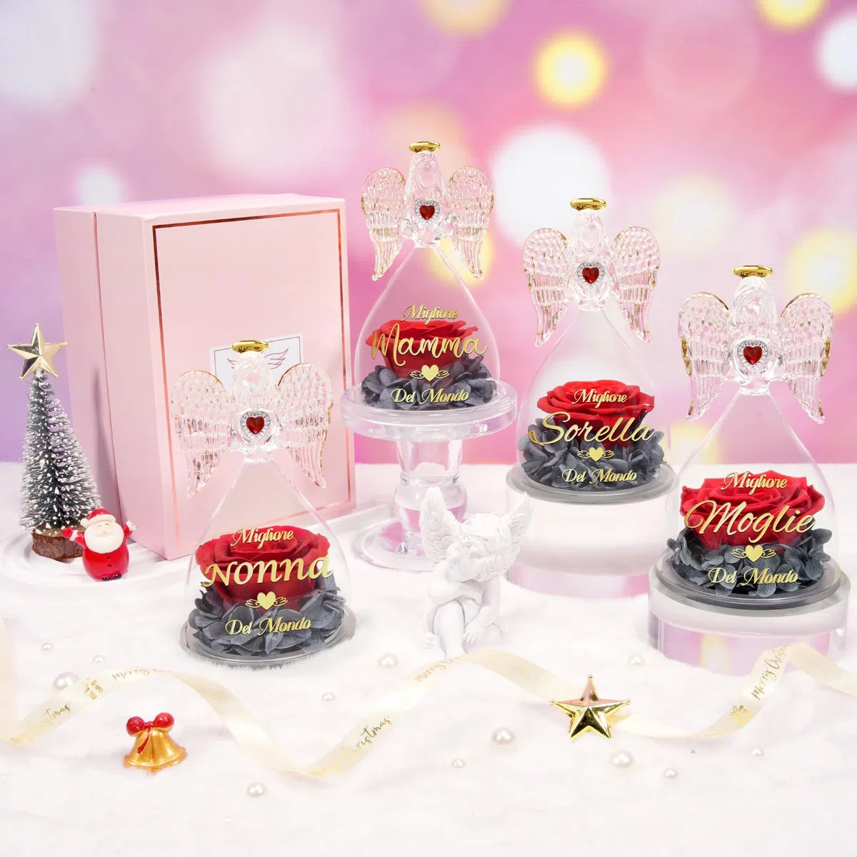 Sunia Festa della Mamma Idee Regalo, Rosa Eterna Angel stampata con Migliore Mamma del Mondo, Miglior Regalo per Mamma, Rose Stabilizzata Vera con Angelo di Vetro, Regali Festa della Mamma Originali