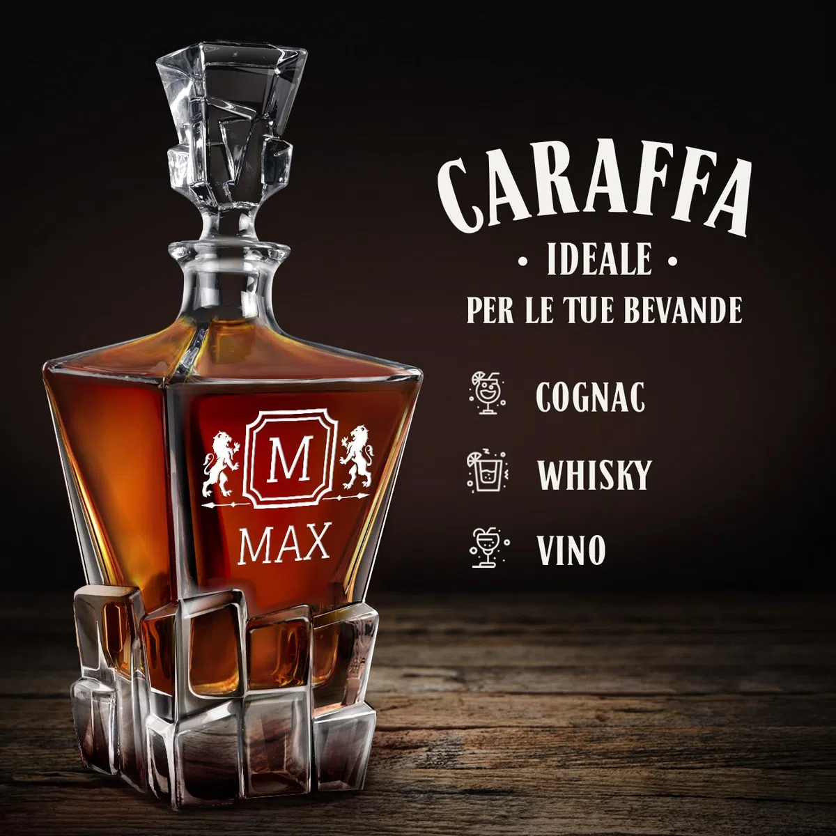 Maverton Caraffa in vetro per whisky - ideale per alcolici e liquori - 950 ml - incisione personalizzata - unica per l’ uomo - ottima per acqua - pensiero speciale per Lui - iniziale