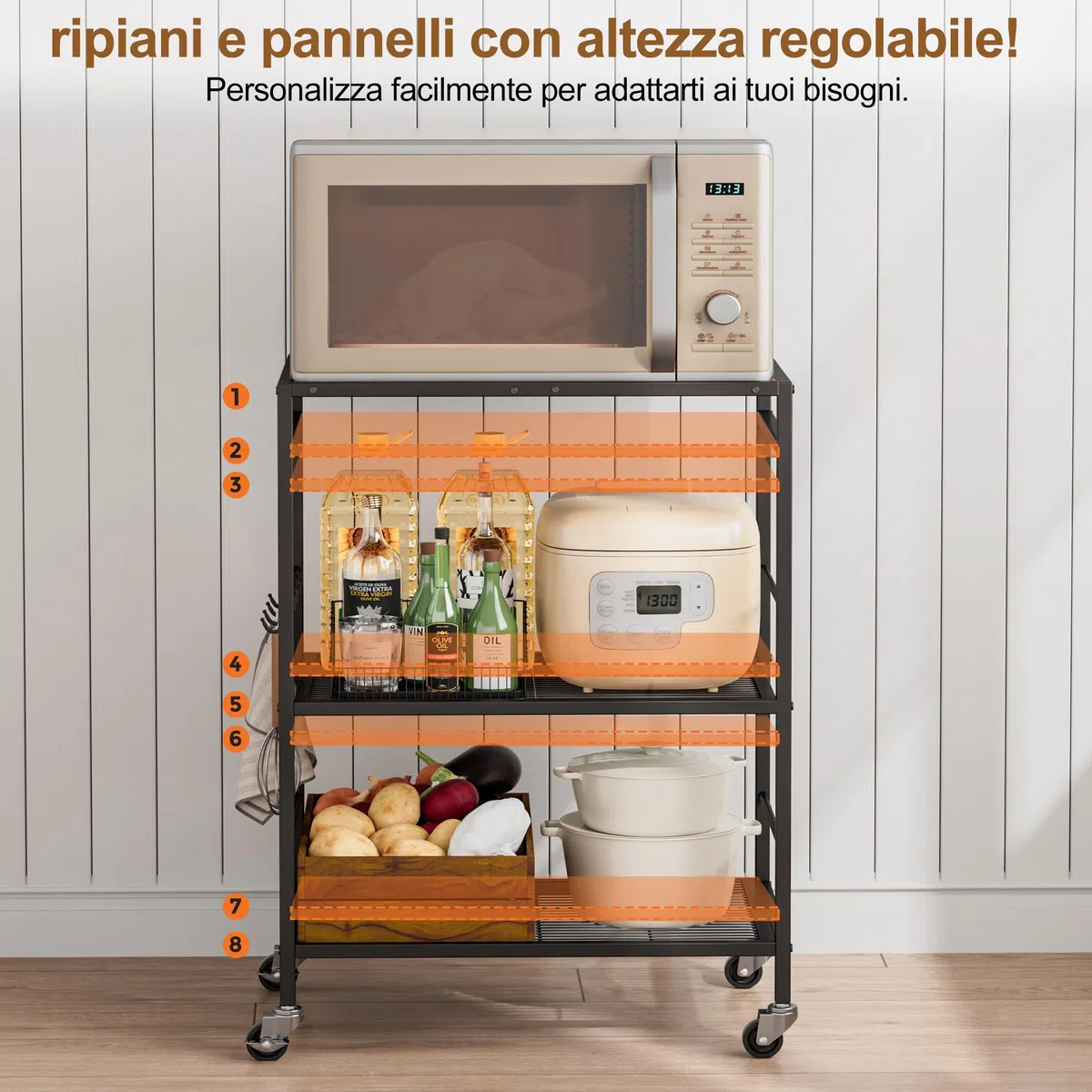 Carrello da cucina (telaio nero + pannello nero, organizzatore mobile, ruote industriali (spazi piccoli), 3 livelli (40 x 60 x 84.7 cm)