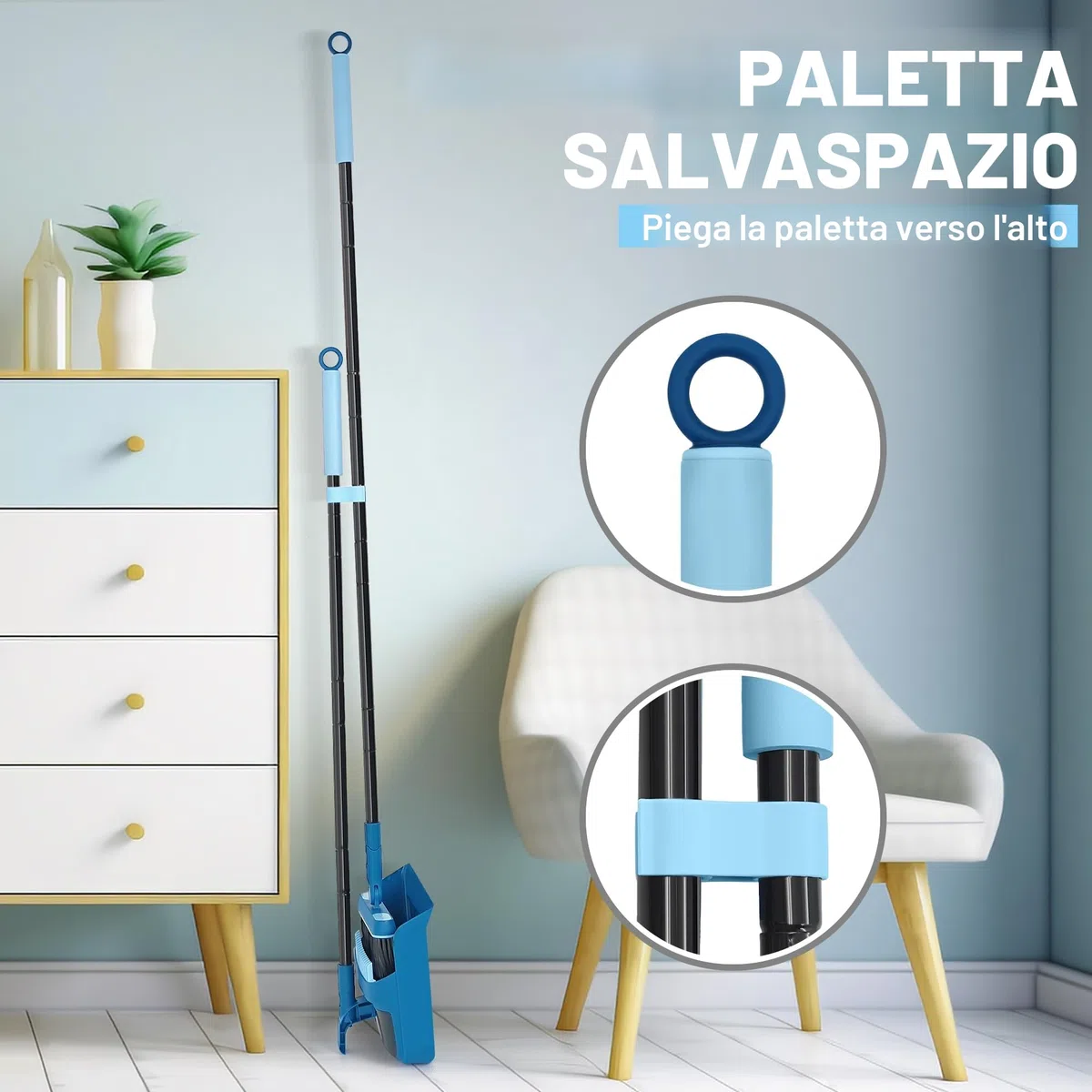 JEHONN Set di Paletta e Spazzola con Manico Lungo, Scopa Alta e Paletta Verticale in Acciaio Inox con Scopa a Girevole a 180 Gradi, 1 Porta Spazzole per Interni, Giardino, Lobby (Blu)