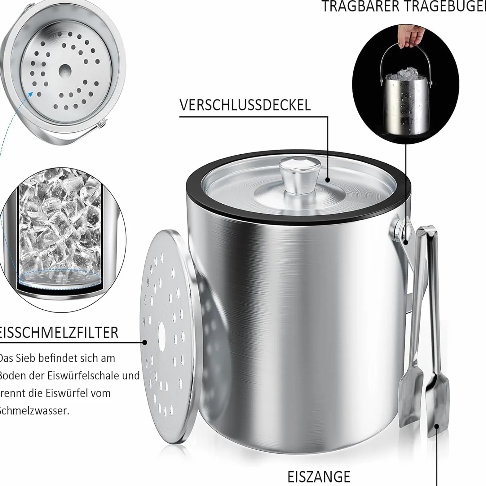 Secchiello Ghiaccio, secchiello per Ghiaccio Rotondo con Pinze per ghiaccio, Contenitore per Cubetti di Ghiaccio da 3 Litri, Secchiello per Ghiaccio in Acciaio Inox con Paletta, per Raffreddare Birra