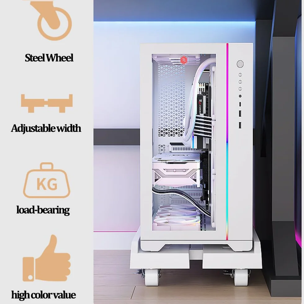 Supporto per PC Case Stand, Supporto per PC Case con rotelle Bloccabili, Regolabile Computer CPU Holder e 6 Ruota, Adatto alla Maggior Parte dei Computer-Bianco