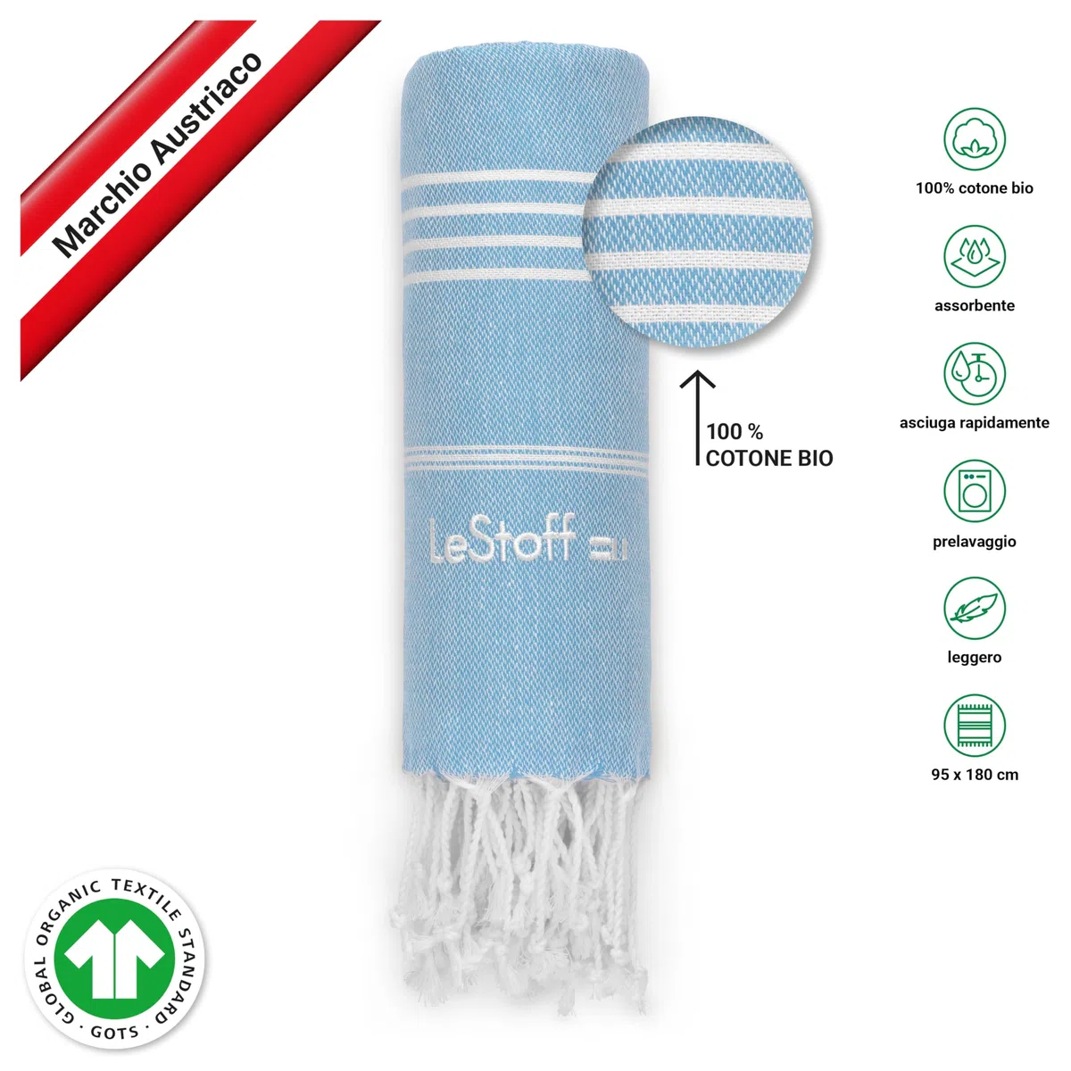 LeStoff Telo mare (Set di 2) - 100% Cotone bio, 95 x 180 cm, Prelavato, Assorbente, Asciugatura Rapida, Leggero, Fouta, Telo Spiaggia, Telo Bagno, Asciugamano Sportivo (Azzurro - Celeste)