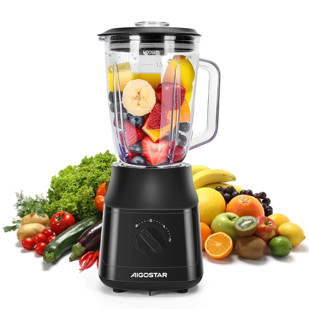 Aigostar Frullatore Elettrico, Frullatore da Tavolo con 1.5L Vaso in Vetro Termoresistente, 4 Lame con Rivestimento in Titanio, 800W, 2 Velocità e Funzione Pulse, per Frullati e Purea，Swift.