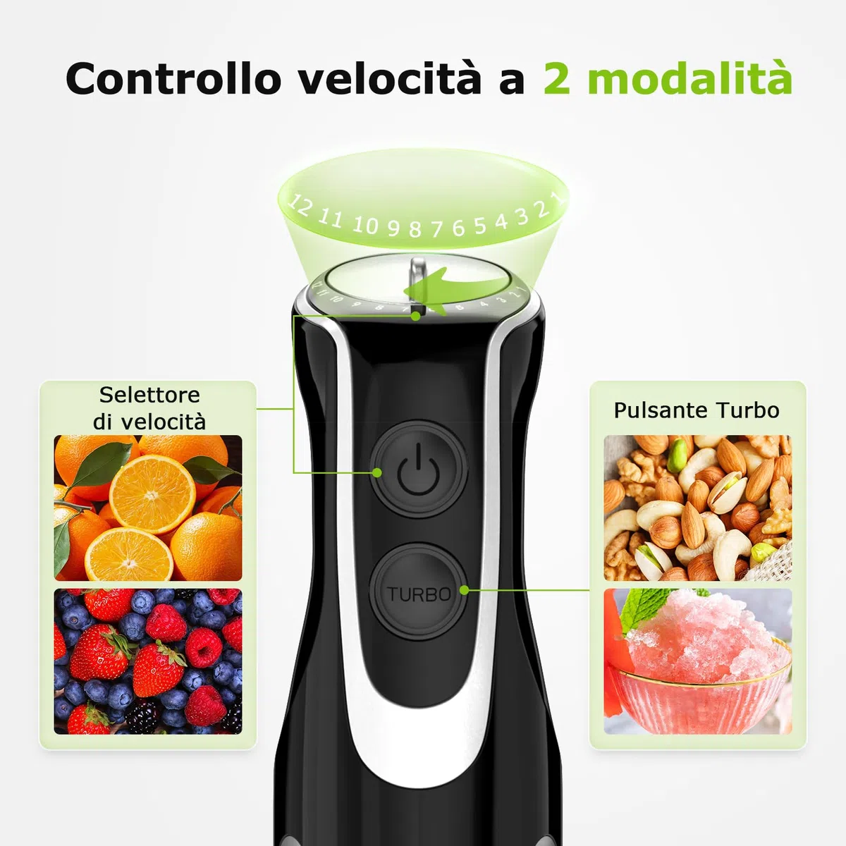 Bonsenkitchen Frullatore a Immersione 4 in 1, 1000W Inox con 12 Velocità e Turbo, Include Frusta, Bicchiere 700ml, Tritatutto