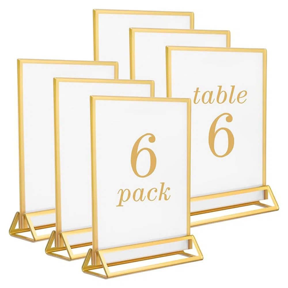 Porta-avvisi da tavolo A5 (6 Pezzi), Bordi Dorati e Supporto Verticale, Menu Tavolo a Doppia Facciate per i Numeri da Tavola del Matrimonio
