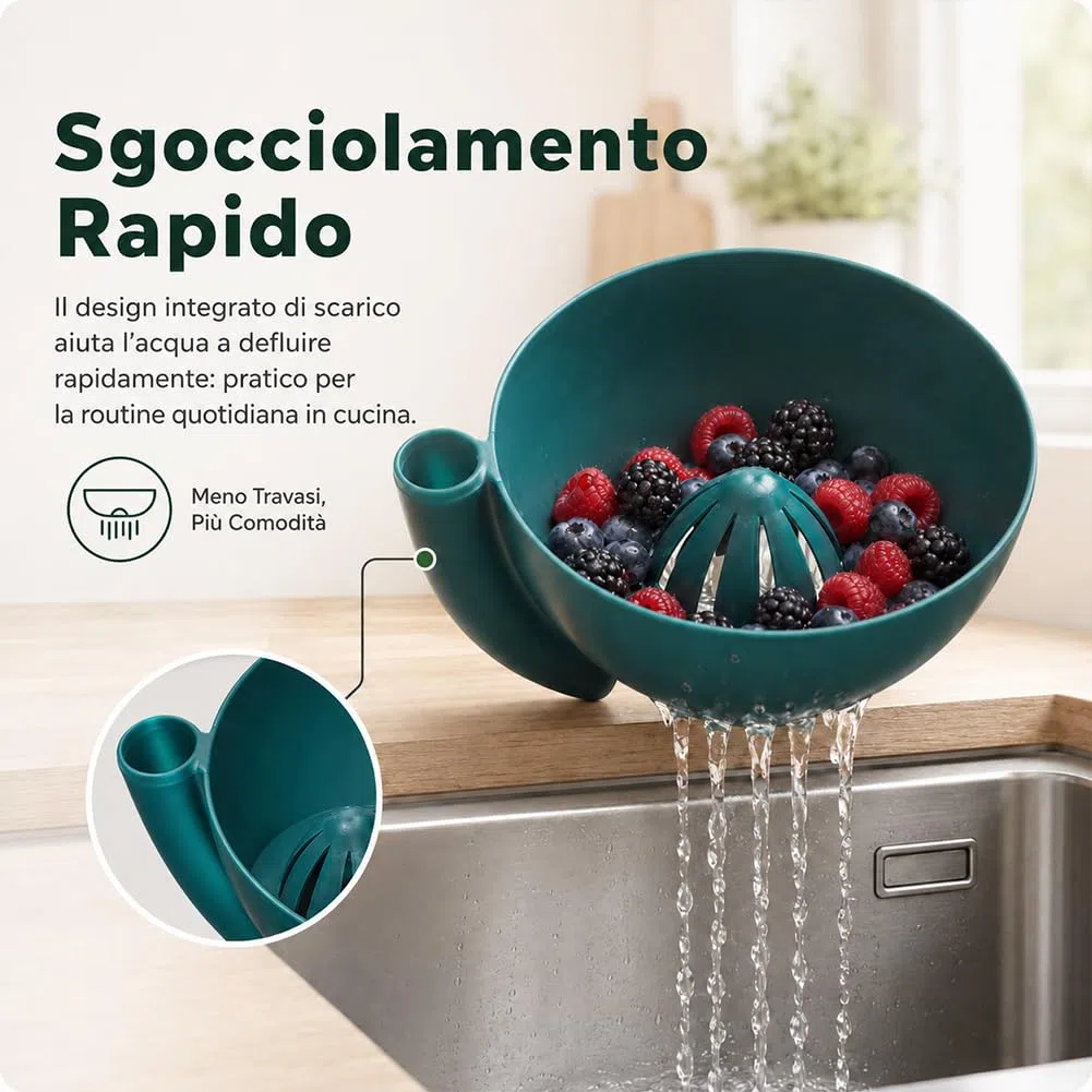 Ciotola Lavaggio Bacche con Scarico, Lava Frutta Vortice in Plastica o Ceramica, per Mirtilli, Fruttini e Frutti di Bosco (Verde)