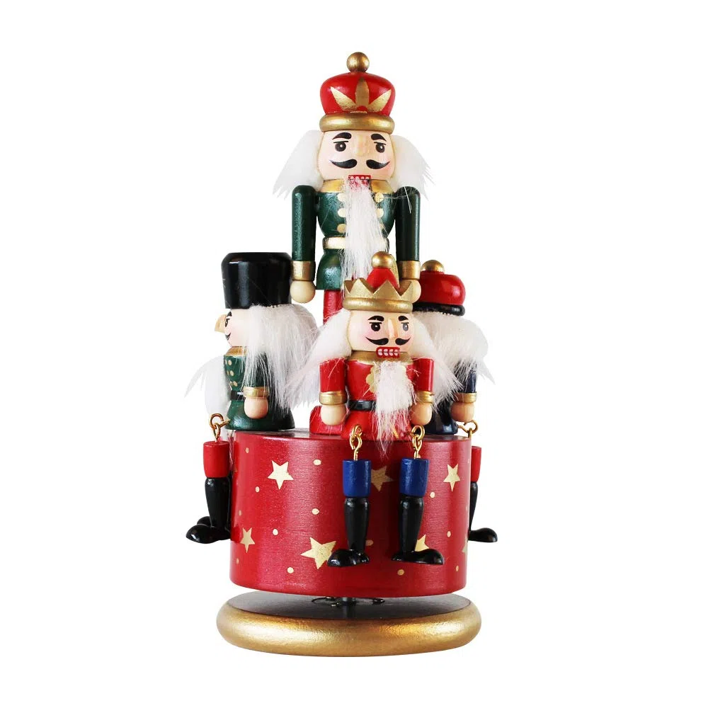 Carillon in legno per schiaccianoci con 4 soldati, con meccanismo a orologio e base rotonda per decorazione domestica, decorazione per festival decorazioni natalizie idea regalo 21 cm(Rosso)