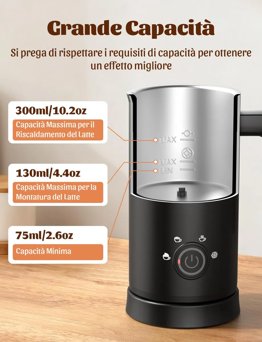 YISSVIC Montalatte Elettrico Cappuccino 4 in 1 Cappuccinatore Elettrico 300ML, Spegnimento Automatico, Facile da Pulire, Schiuma di Latte Calda e Fredda, Adatto per Latte e Cappuccino
