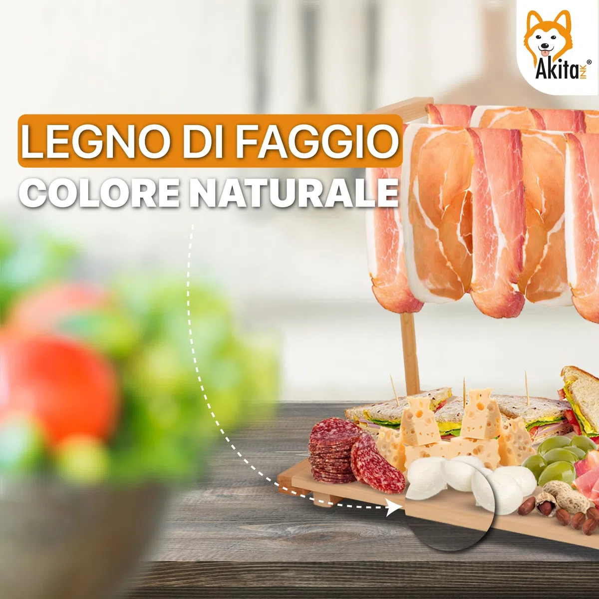 AKITAInk Tagliere per Aperitivo, appendi prosciutto in Legno di faggio, Tagliere con Stand Appendi Affettati, Vassoio per Salumi, Formaggi Ideale per Aperitivi, Apericena Made in Italy (49x27x33 cm)
