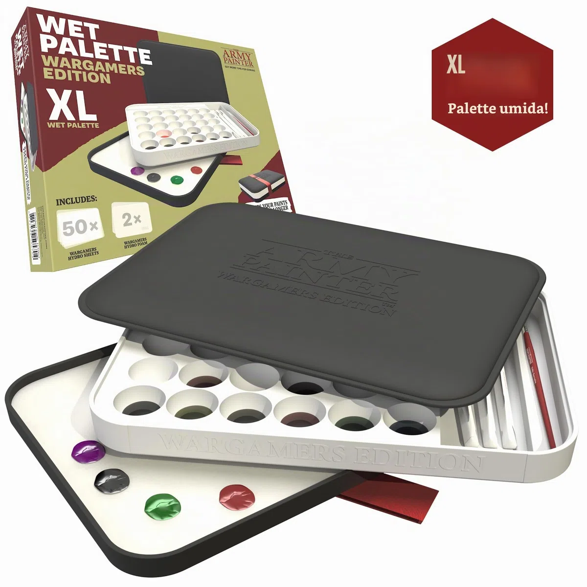 The Army Painter, Wargamers Edition Wet Palette XL, con 50 fogli Hydro Sheets, 2 Hydro Foams & Brush Storage – Wet Palette per miniature pittura acrilica, Dnd & Warhammer