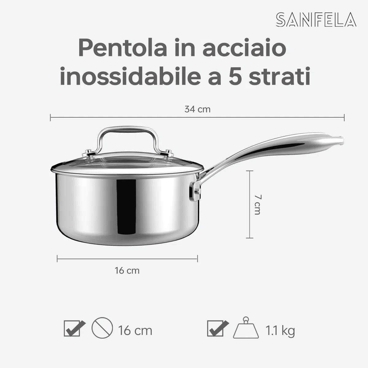 Pentola in acciaio inox a 5 strati con coperchio in vetro, 16 cm, adatta a tutti i piani cottura
