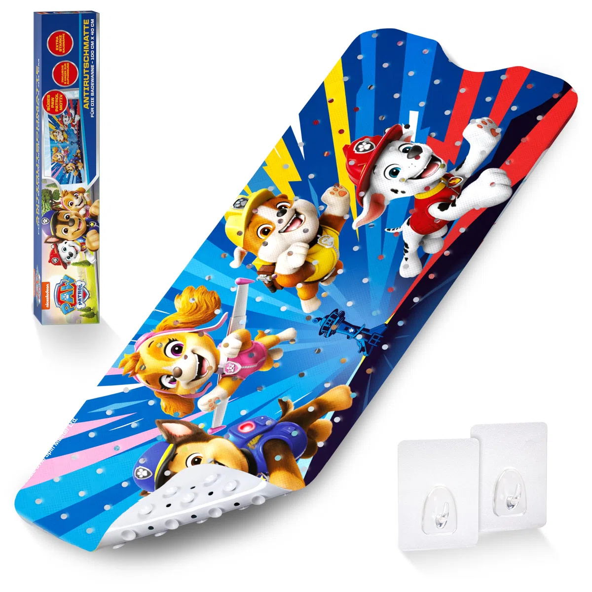 PAW Patrol Tappetino da bagno antiscivolo per bambini, antimuffa, antibatterico, con ventose, ganci e fori di scarico, 100 x 40 cm