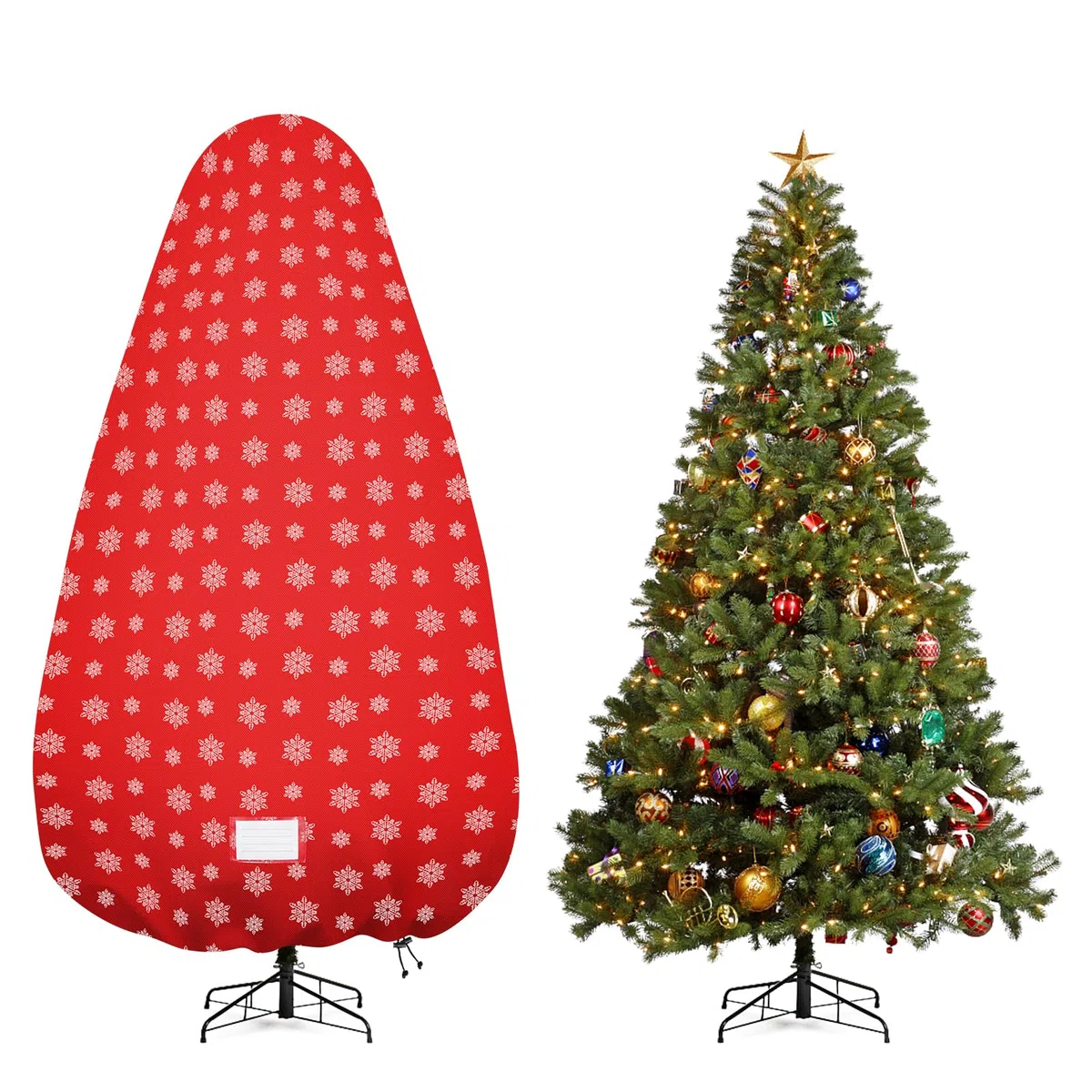 Borsa verticale per albero di Natale, copertura per albero di Natale con cinghie regolabili, resistente agli strappi, per alberi assemblati da 7,5 m, stampa neve rossa