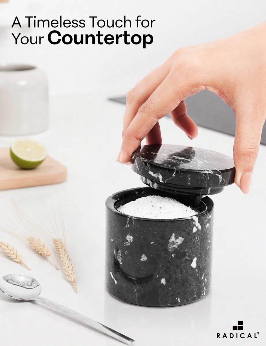 Radicaln Saliera in marmo con coperchio, realizzata a mano in bianco e nero, set di 2 contenitori per sale e pepe con vassoio in marmo - Contenitori per spezie e sale