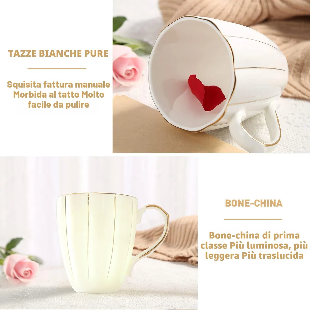 DUJUST Set di 4 Tazze da Caffè (382,7 g), Design Britannico di Lusso con Finiture Dorate Artigianali, Set di Tazze in Porcellana Bianca e Oro di Prima Classe per Caffè, Tè e Latte