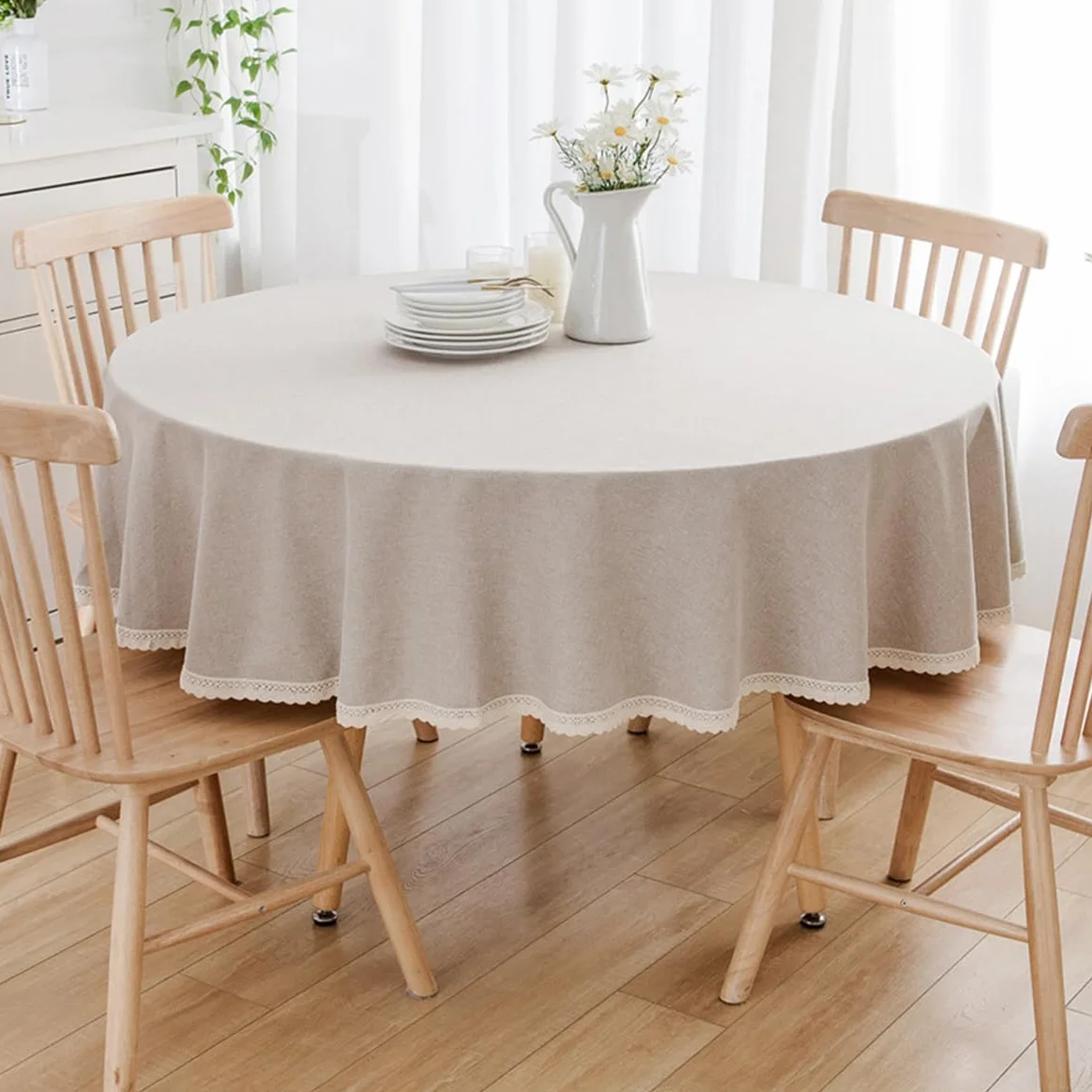 Tovaglia rotonda in lino di cotone Adatto per tavoli da pranzo, tavolini da caffè Lavabile in lavatrice Cachi Diametro 180 cm