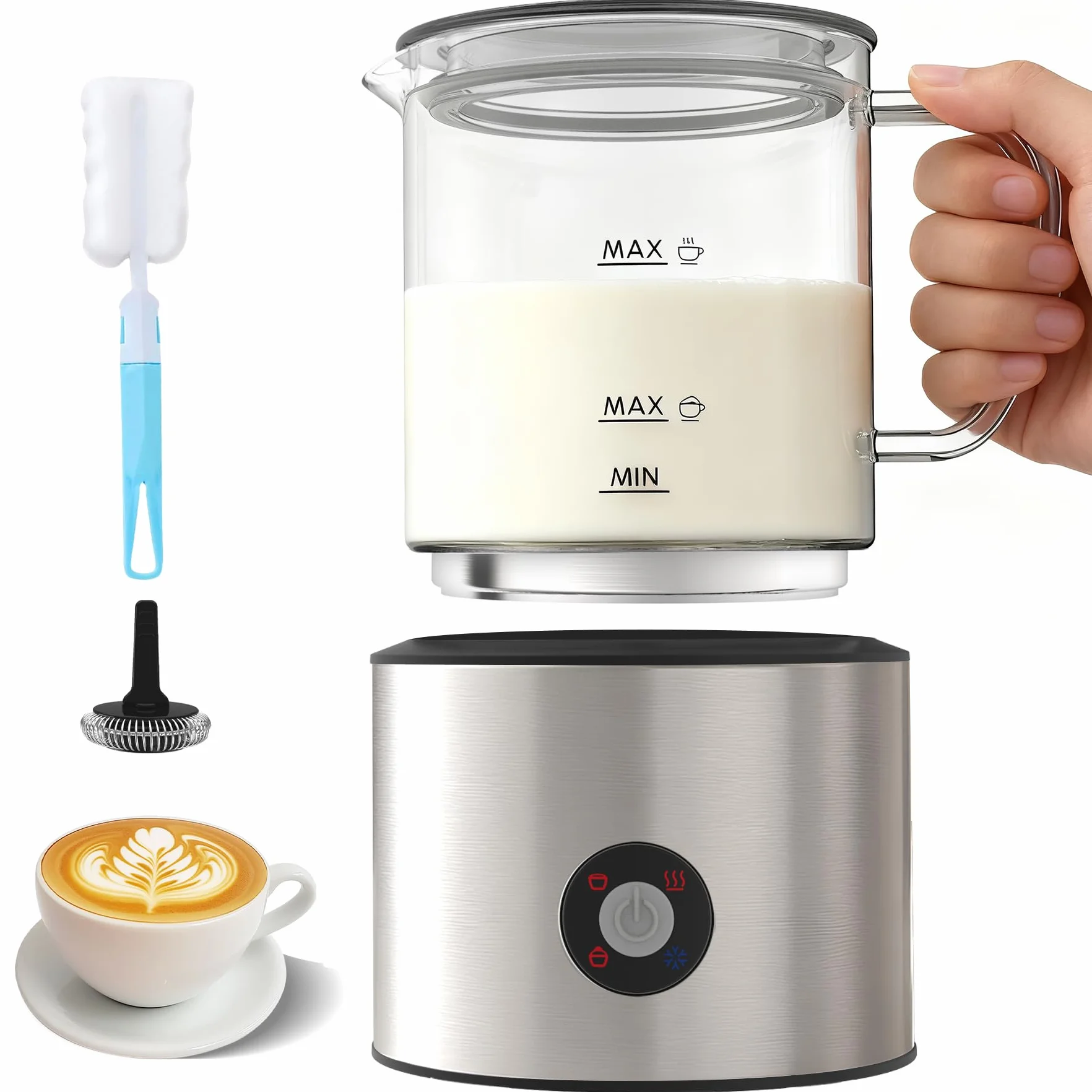 Montalatte Elettrico 4 in 1, Montalatte Induzione 500ML Freddo e Caldo con Vetro Visibile Graduazione, Automatici, Silenziosa, Lavastoviglie per Cappuccino, Caffè, Latte
