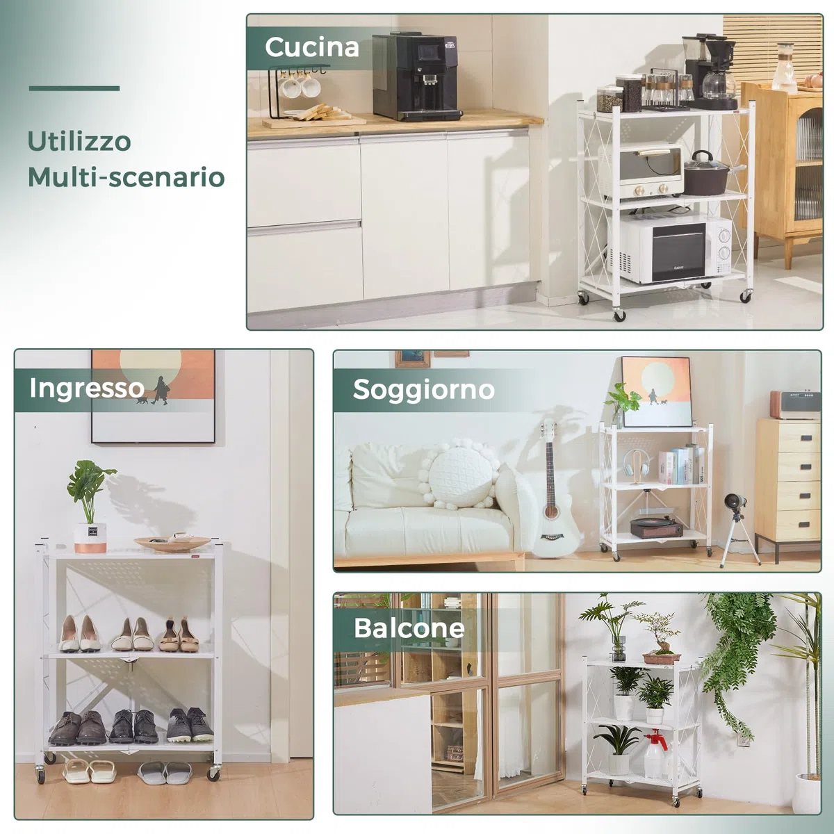 DEANIC Scaffali pieghevoli in metallo, a 3 ripiani, 61 x 85 x 28 cm, mensole angolari da cucina su ruote, mensole per dispensa, libreria per soggiorno, colore: bianco
