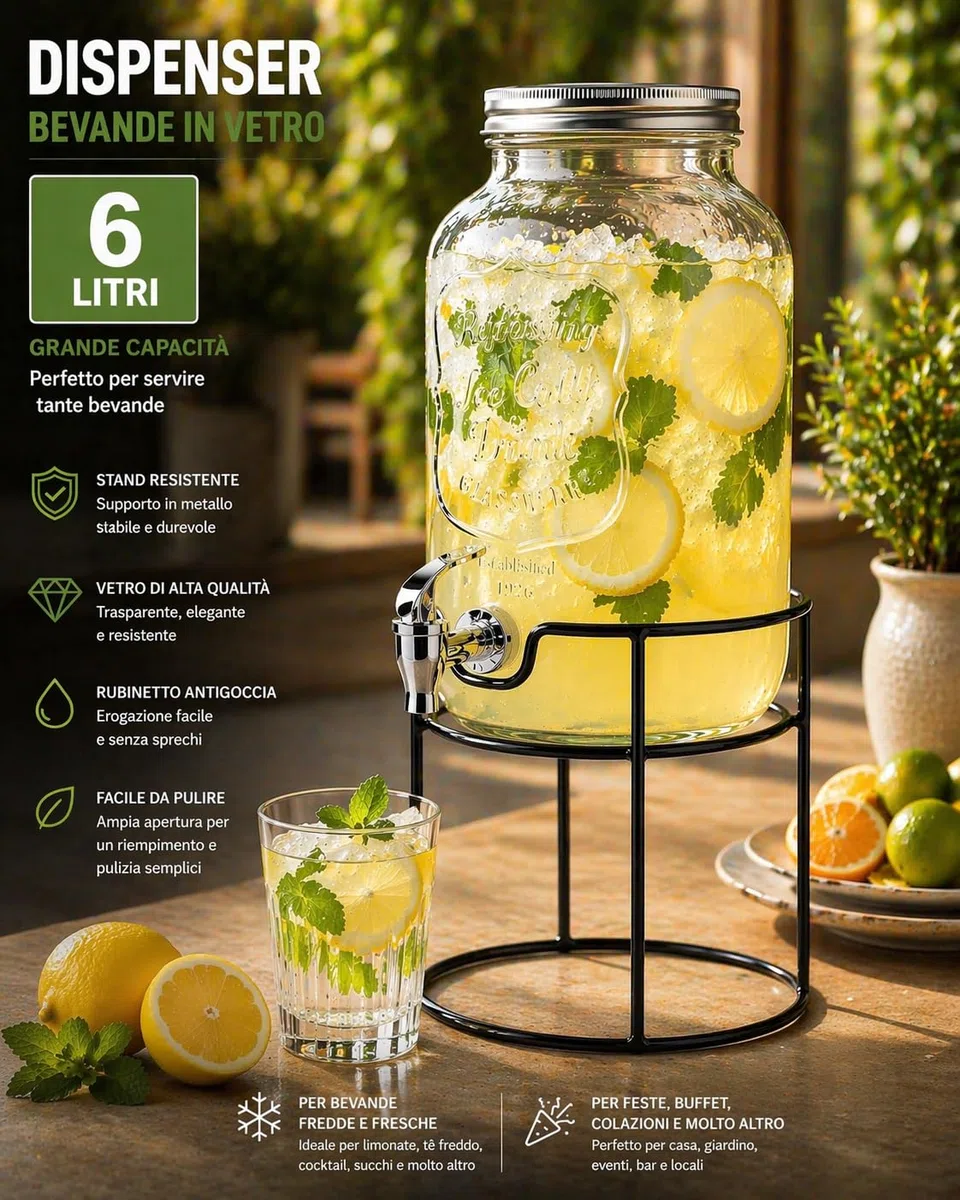 Dispenser Bevande in Vetro 6 Litri con Rubinetto Salvagoccia e Supporto in Metallo – Contenitore per Acqua, Limonata, Cocktail – Giara di vetro per Feste, Buffet, Casa e Giardino