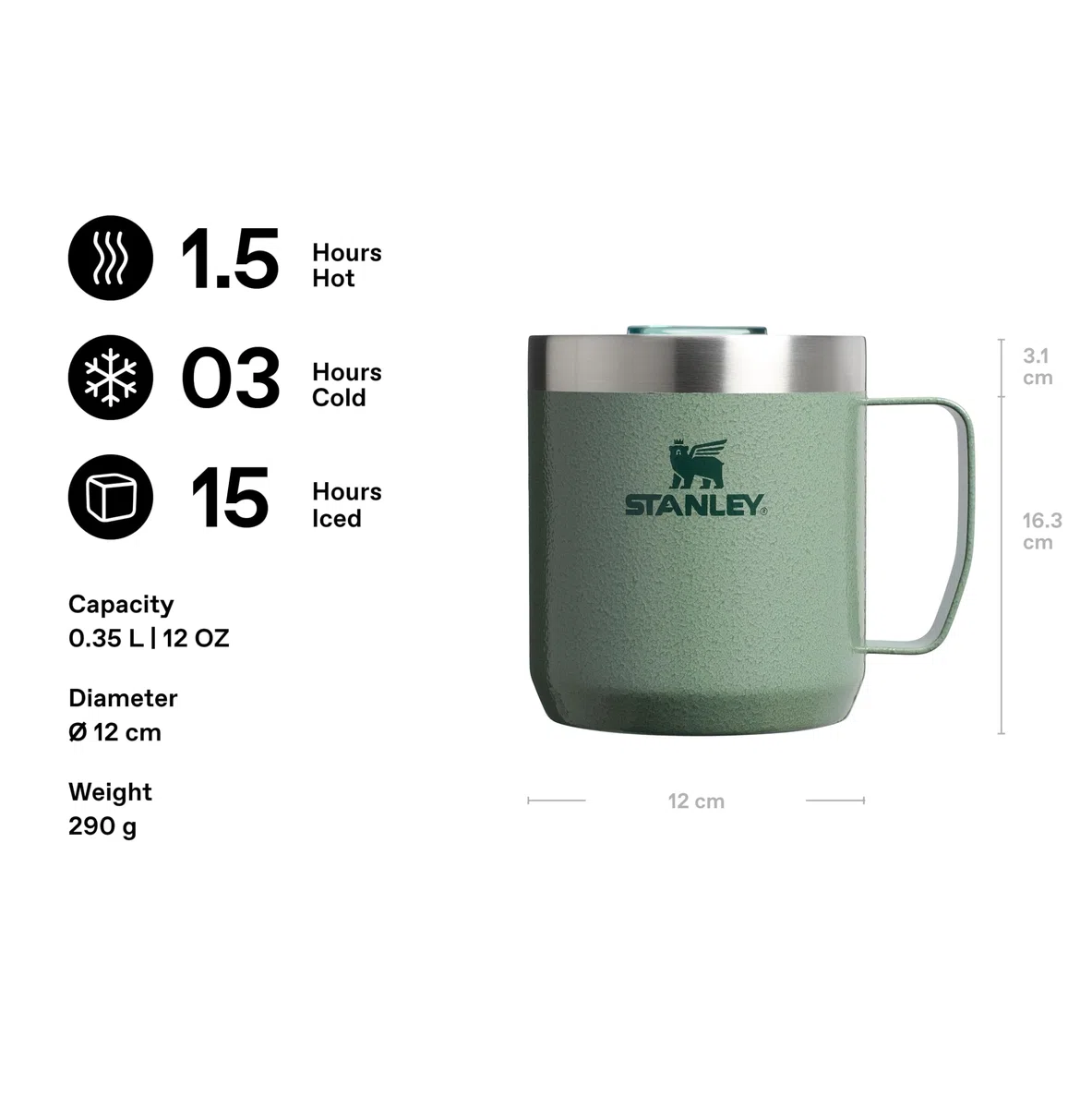 STANLEY 1913 Classic Legendary Camp Mug 0.35L - Mantiene 1.5 Ore Caldo - 3 Ore Freddo - Lavabile in Lavastoviglie - Senza BPA - Termos da Caffè - Bicchiere Termico da Campeggio - Hammertone Green