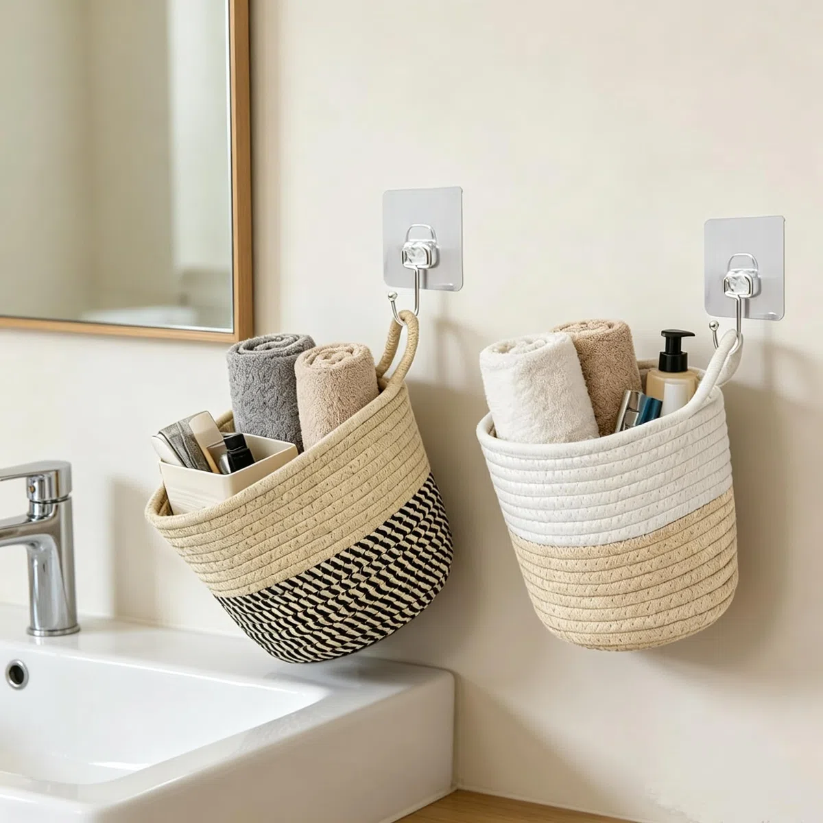 4 Pezzi Cesti Intrecciati Portaoggetti in Corda di Cotone, 15 x 16 cm Cesto Rotondo Corda Piccolo con Manico, Cesti Sospesi da Parete per Armadio, comodino, bagno, camera da letto, soggiorno