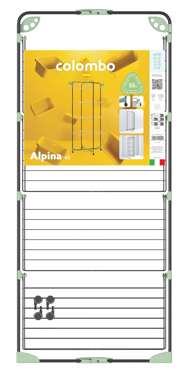 Colombo Stendibiancheria Verticale Alpina 40 | Stendino Verticale Pieghevole Salvaspazio in Acciaio Antiruggine con Ruote Antigraffio e Portagrucce | Stenditura 40m | Made in Italy