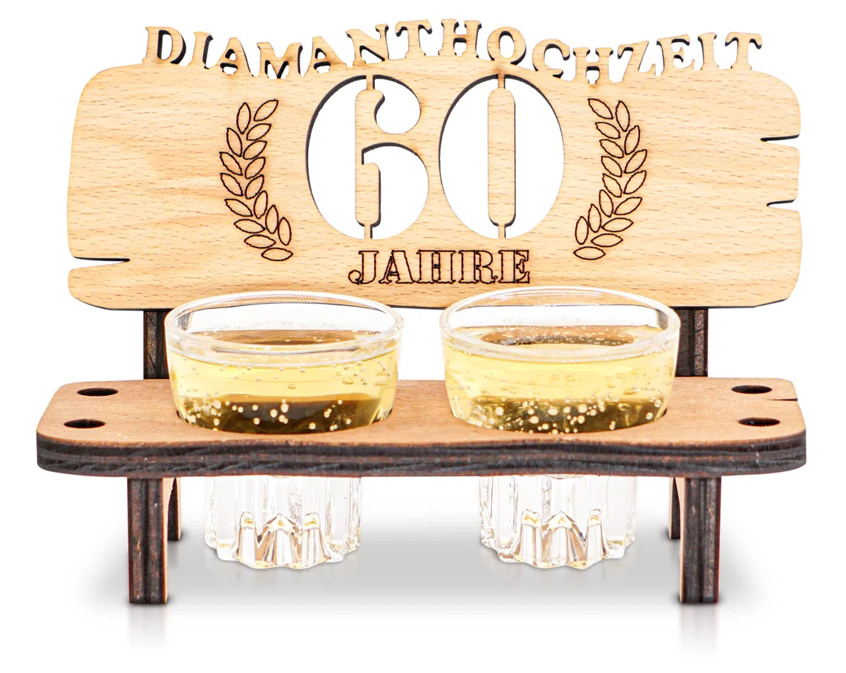 DARO Design - Panca da liquore 60° anniversario di matrimonio con diamanti decorazione per coppie uomini donne in legno con bicchieri