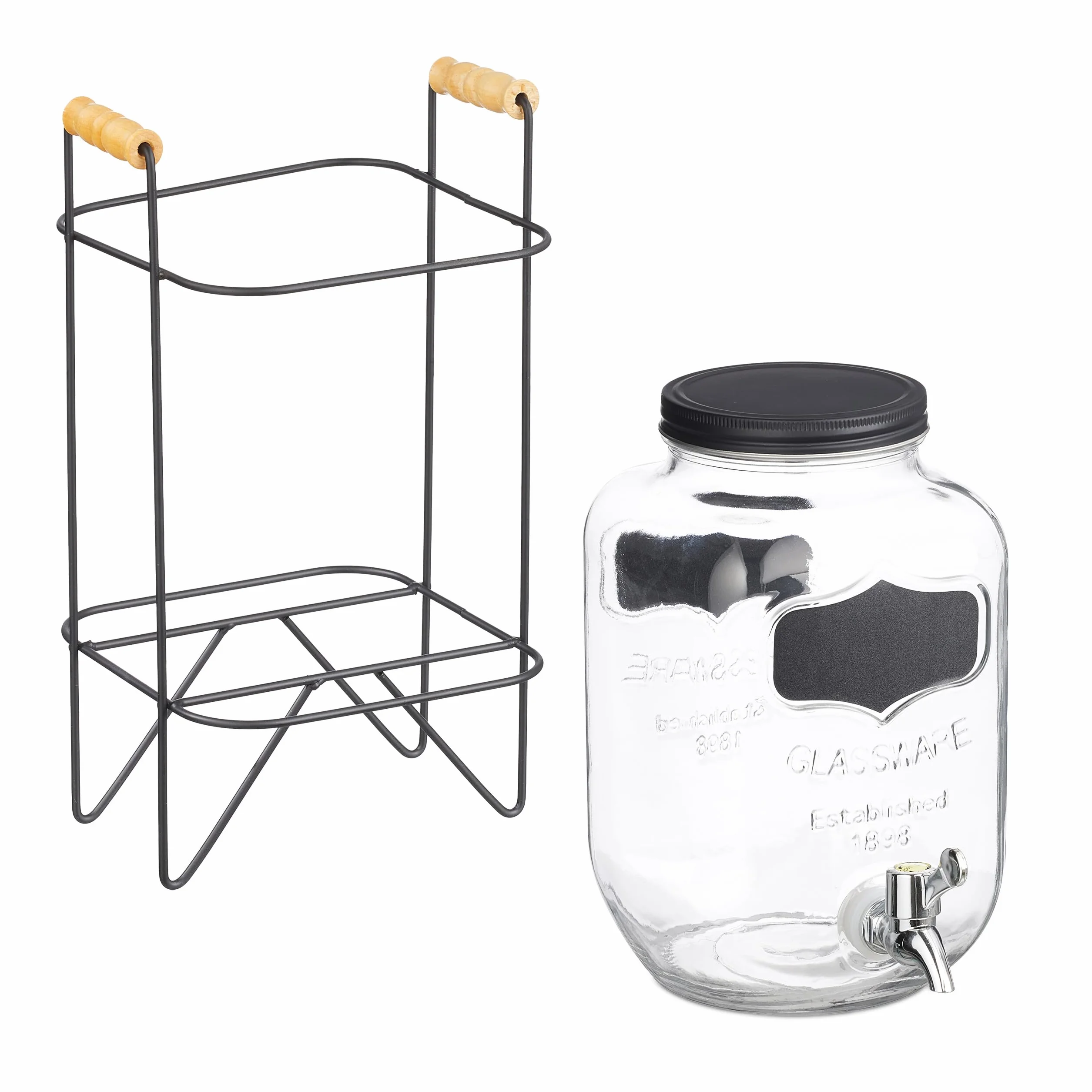 Relaxdays Dispenser in Vetro per Bevande, Erogatore 4 L Rubinetto, Coperchio e Supporto, Distribuitore Acqua e Limonata
